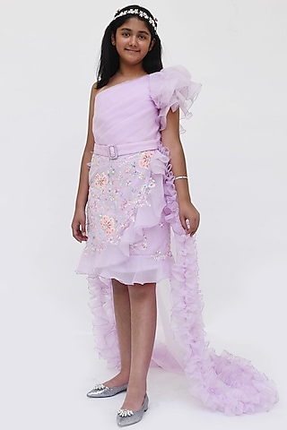 Lilac Organza Sequins Embroidered One-Shoulder Dress For Girls by Fayon Kids
