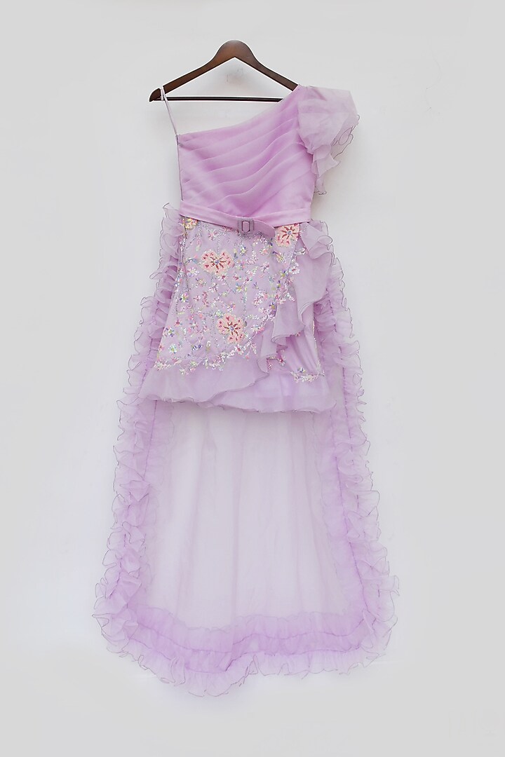 Lilac Organza Sequins Embroidered One-Shoulder Dress For Girls by Fayon Kids at Pernia's Pop Up Shop