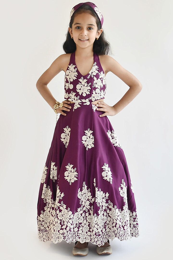 Wine Cotton Embroidered Gown For Girls by Fayon Kids at Pernia's Pop Up Shop
