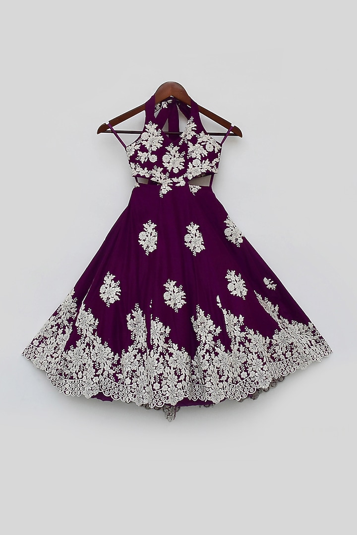 Wine Cotton Embroidered Gown For Girls by Fayon Kids at Pernia's Pop Up Shop