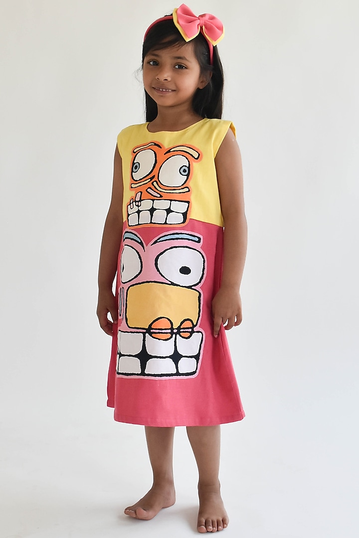 Yellow & Pink Linen Dress For Girls by Fayon Kids