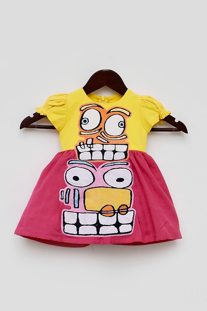 Yellow & Pink Linen Dress For Girls by Fayon Kids