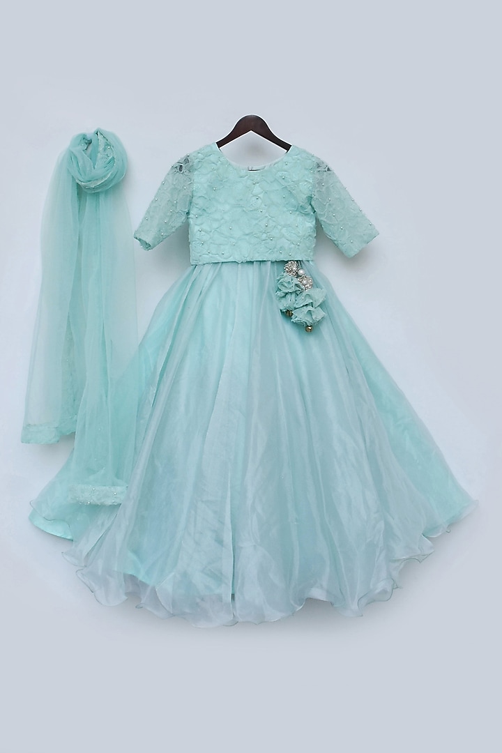 Blue Embroidered Lehenga Set For Girls by Fayon Kids at Pernia's Pop Up Shop