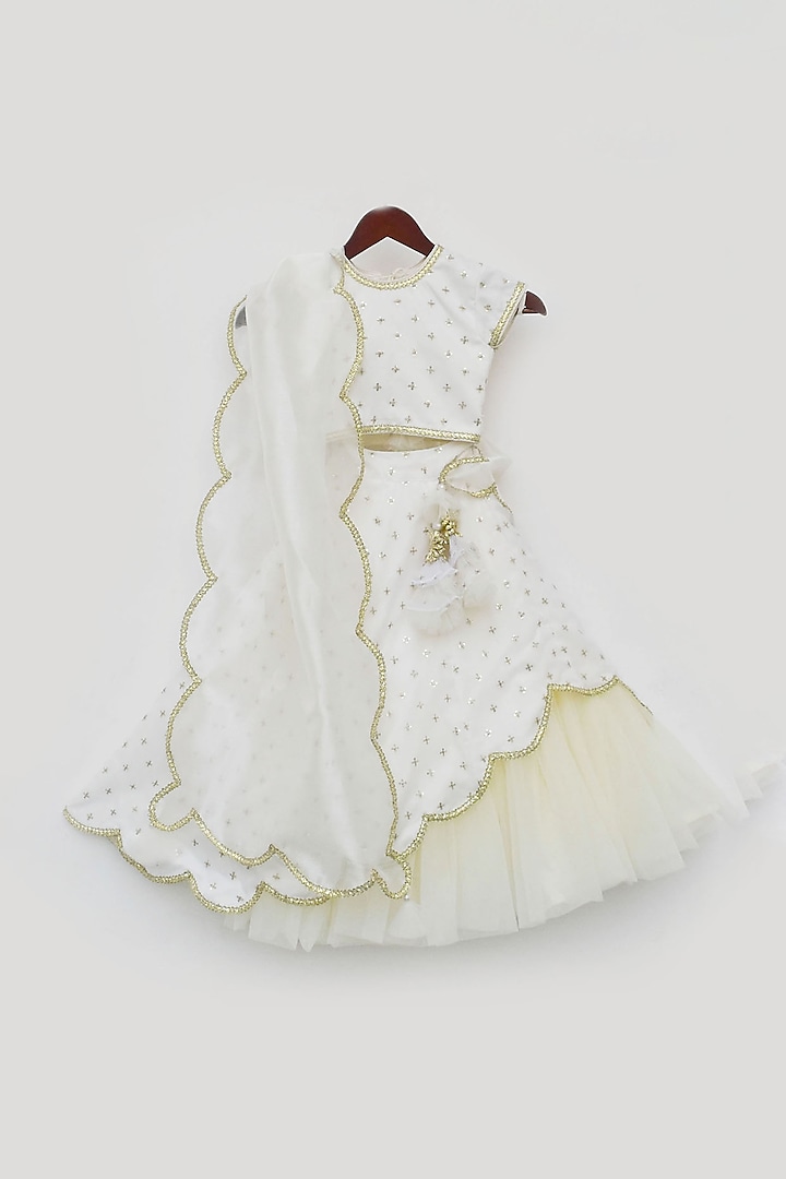 Off-White Embroidered Lehenga Set For Girls by Fayon Kids