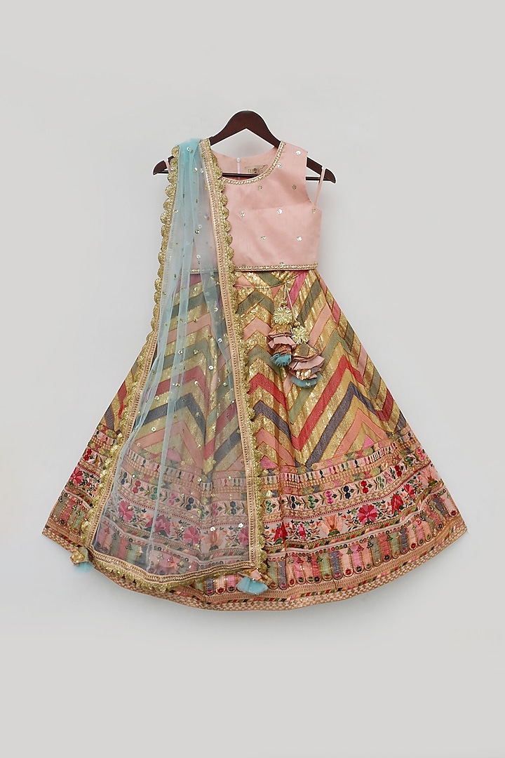 Multi-Coloured Embroidered Lehenga Set For Girls by Fayon Kids