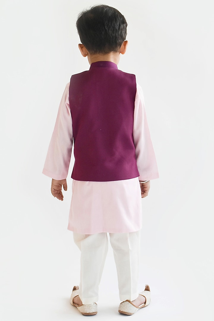 Purple Cotton Silk Embroidered Bundi Jacket Set For Boys by Fayon Kids at Pernia's Pop Up Shop