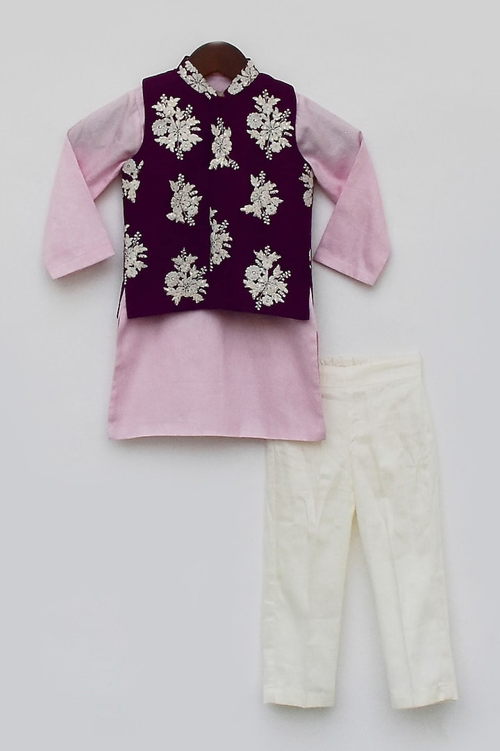 Purple Cotton Silk Embroidered Bundi Jacket Set For Boys by Fayon Kids at Pernia's Pop Up Shop