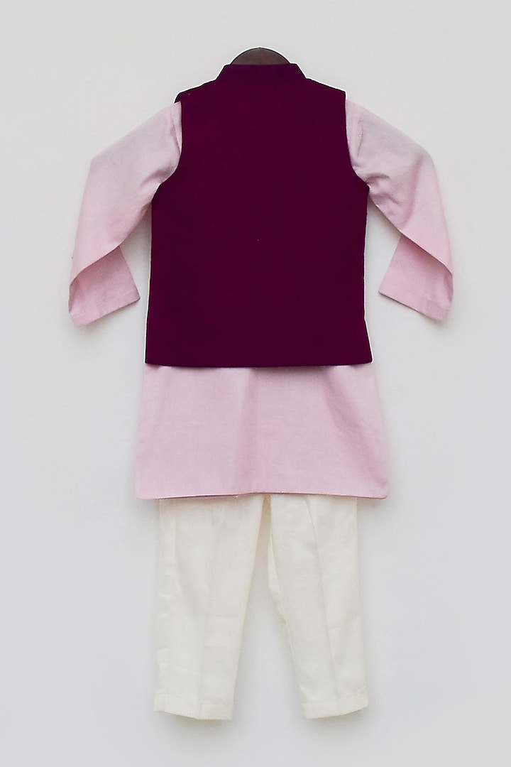 Purple Cotton Silk Embroidered Bundi Jacket Set For Boys by Fayon Kids at Pernia's Pop Up Shop