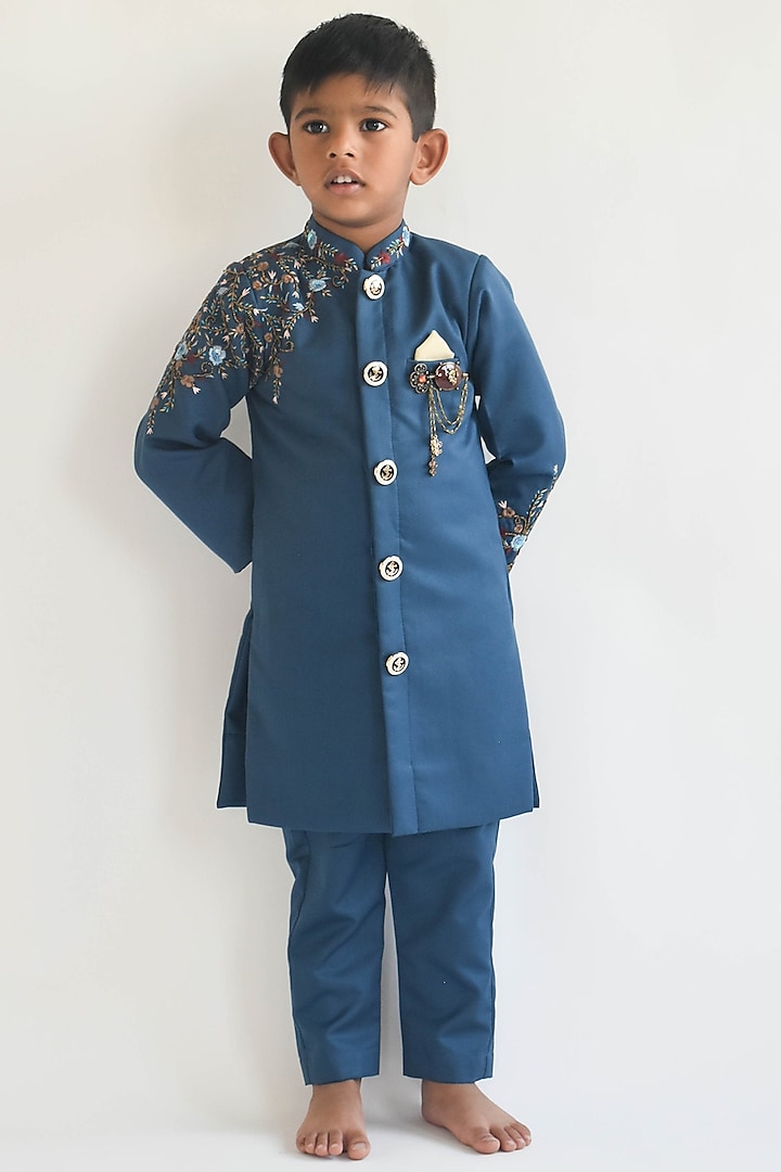 Blue Embroidered Indo Western Jacket Set For Boys by Fayon Kids