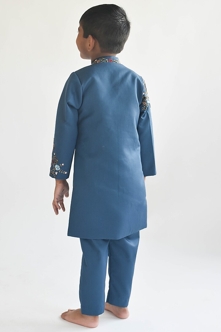 Blue Embroidered Indo Western Jacket Set For Boys by Fayon Kids at Pernia's Pop Up Shop