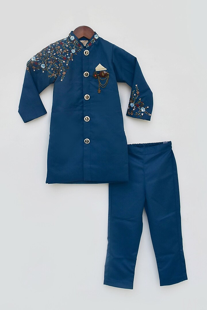 Blue Embroidered Indo Western Jacket Set For Boys by Fayon Kids at Pernia's Pop Up Shop