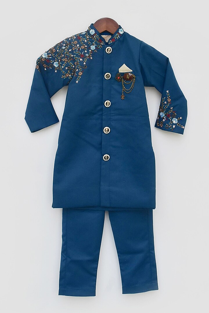 Blue Embroidered Indo Western Jacket Set For Boys by Fayon Kids at Pernia's Pop Up Shop