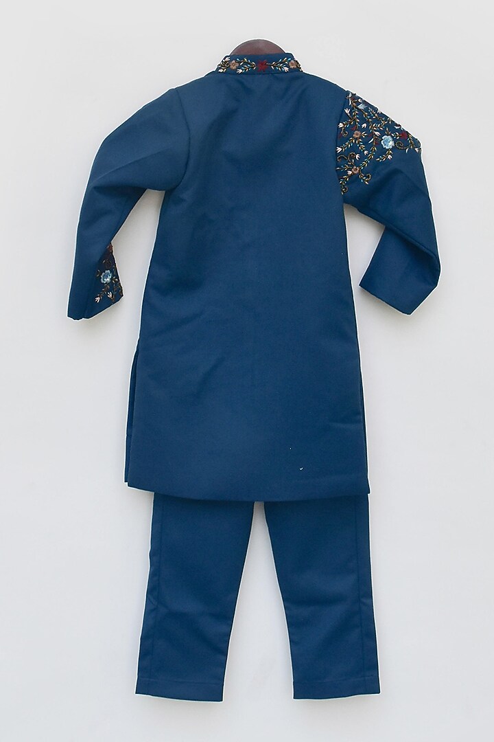 Blue Embroidered Indo Western Jacket Set For Boys by Fayon Kids at Pernia's Pop Up Shop