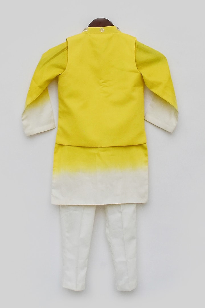 Yellow Cotton Silk Embroidered Bundi Jacket Set For Boys by Fayon Kids at Pernia's Pop Up Shop