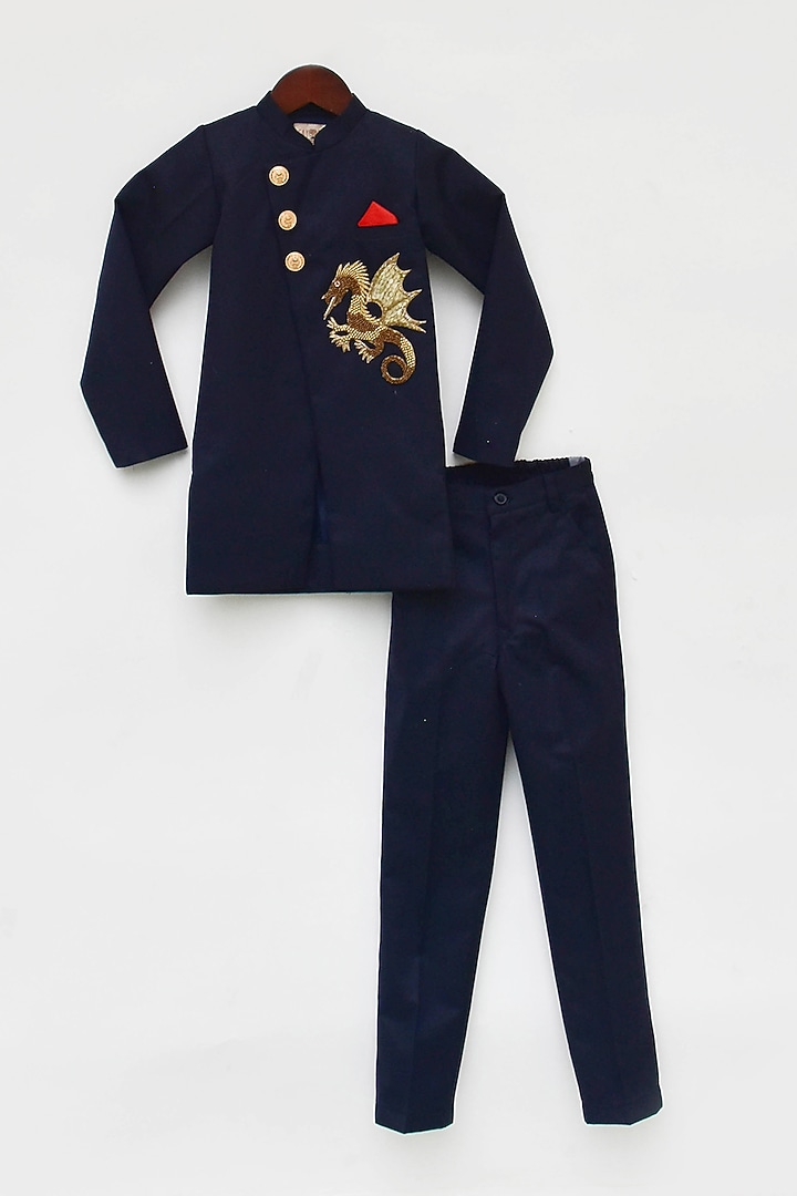 Dark Blue Cotton Suiting Embroidered Bandhgala Set For Boys by Fayon Kids at Pernia's Pop Up Shop