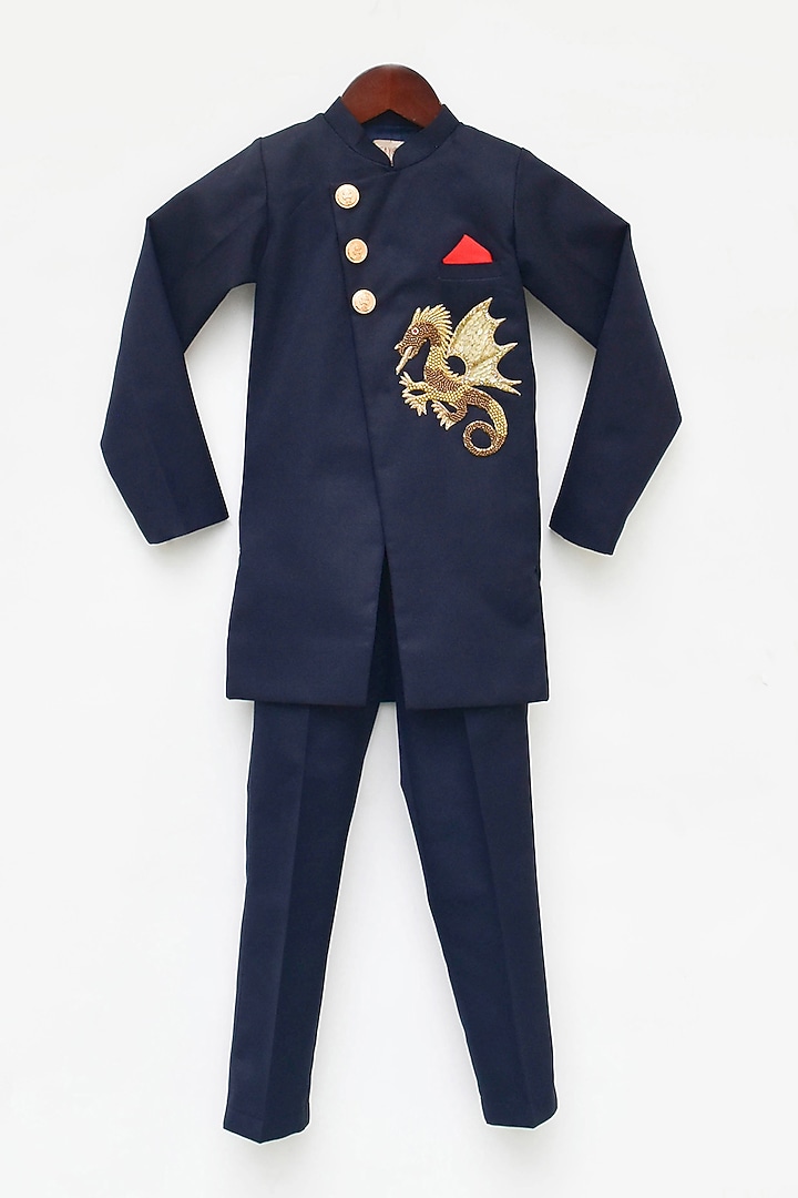 Dark Blue Cotton Suiting Embroidered Bandhgala Set For Boys by Fayon Kids at Pernia's Pop Up Shop