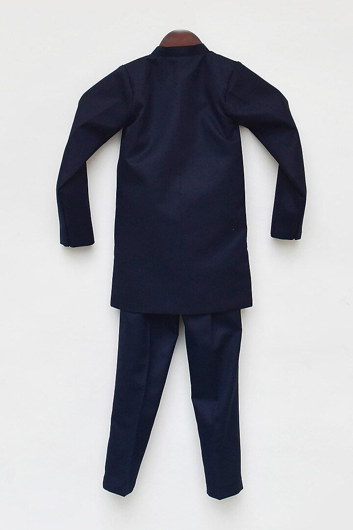 Dark Blue Cotton Suiting Embroidered Bandhgala Set For Boys by Fayon Kids at Pernia's Pop Up Shop