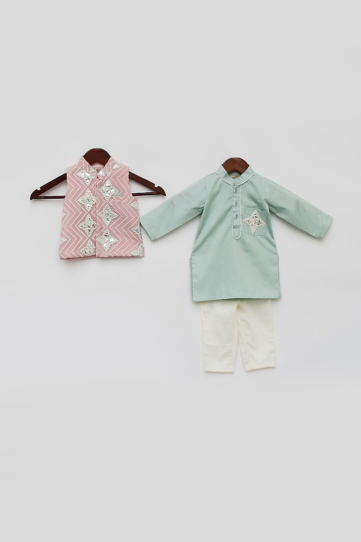 Pink Cotton Silk Gota Embroidered Bundi Jacket Set For Boys by Fayon Kids at Pernia's Pop Up Shop