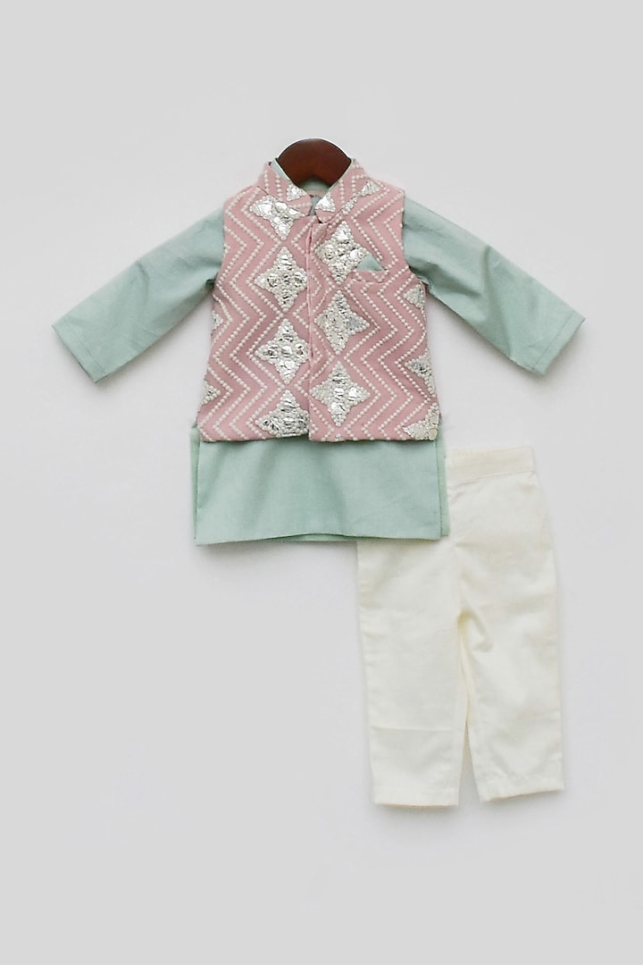 Pink Cotton Silk Gota Embroidered Bundi Jacket Set For Boys by Fayon Kids at Pernia's Pop Up Shop
