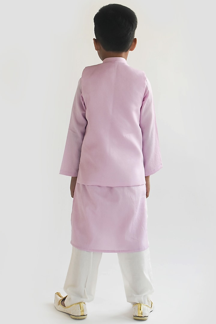 Lilac Cotton Silk Pearl Embroidered Bundi Jacket Set For Boys by Fayon Kids at Pernia's Pop Up Shop