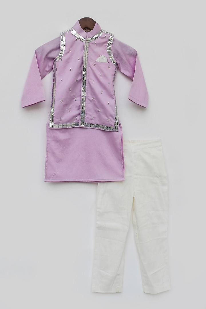 Lilac Cotton Silk Pearl Embroidered Bundi Jacket Set For Boys by Fayon Kids at Pernia's Pop Up Shop