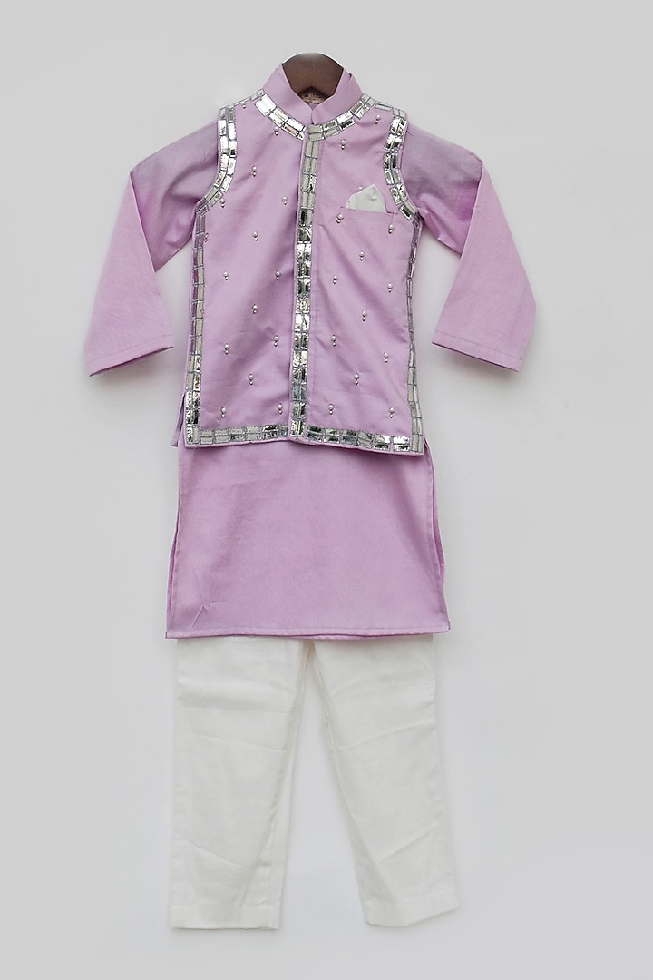 Lilac Cotton Silk Pearl Embroidered Bundi Jacket Set For Boys by Fayon Kids at Pernia's Pop Up Shop