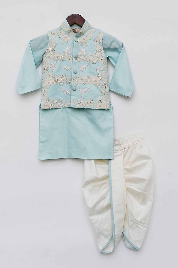 Blue Embroidered Bundi Jacket With Kurta Set For Boys by Fayon Kids