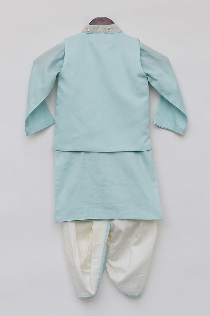Blue Cotton Silk Embroidered Bundi Jacket Set For Boys by Fayon Kids at Pernia's Pop Up Shop
