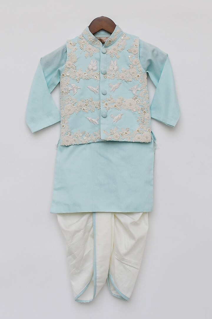 Blue Cotton Silk Embroidered Bundi Jacket Set For Boys by Fayon Kids at Pernia's Pop Up Shop