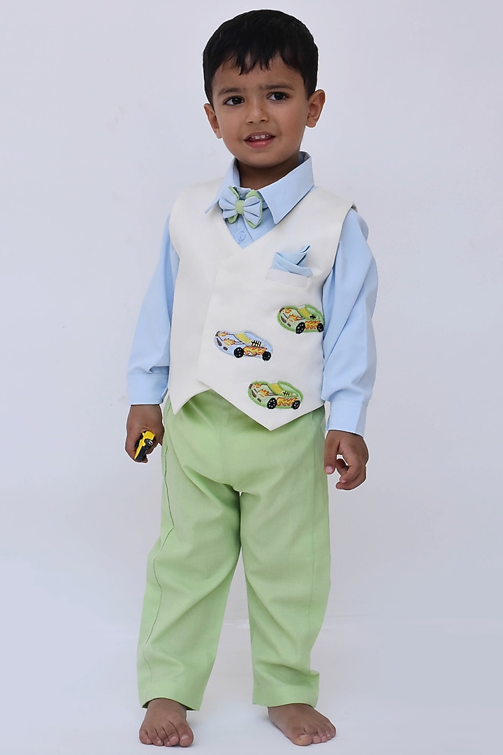 Green Cotton Pant Set With Waist-Coat For Boys by Fayon Kids at Pernia's Pop Up Shop