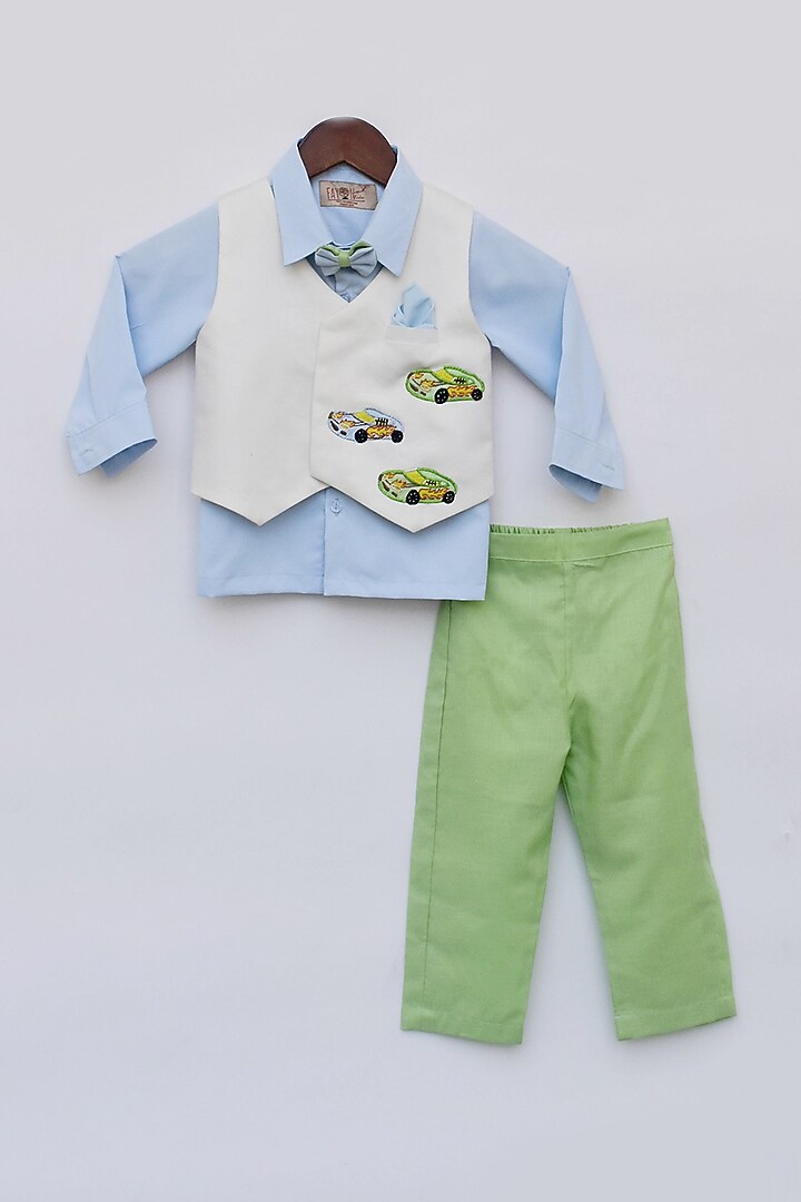 Green Cotton Pant Set With Waist-Coat For Boys by Fayon Kids at Pernia's Pop Up Shop