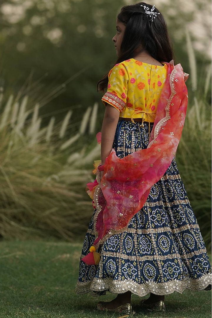 Dark Green Georgette Printed Lehenga Set For Girls by Fayon Kids at Pernia's Pop Up Shop