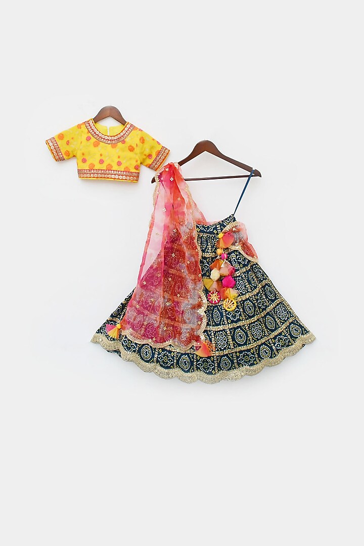Dark Green Georgette Printed Lehenga Set For Girls by Fayon Kids at Pernia's Pop Up Shop