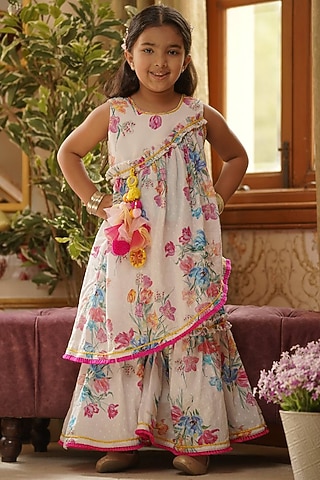 White Printed Sharara Pants For Girls by Fayon Kids