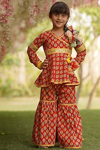 Red Printed Sharara Set For Girls by Fayon Kids