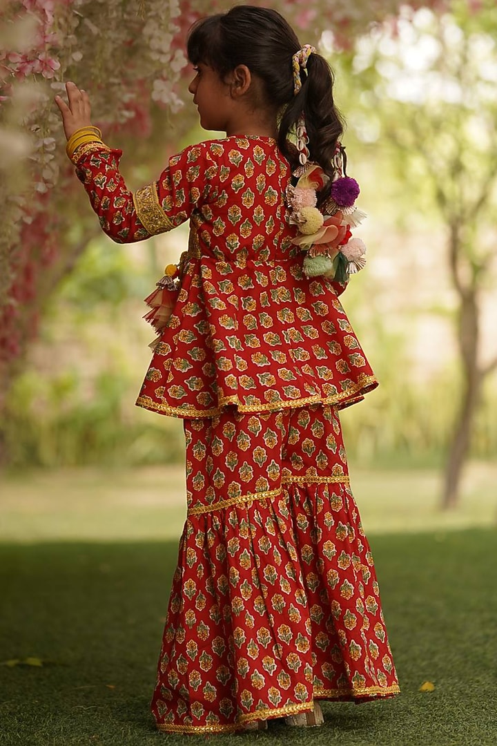 Red Printed Sharara Set For Girls by Fayon Kids at Pernia's Pop Up Shop