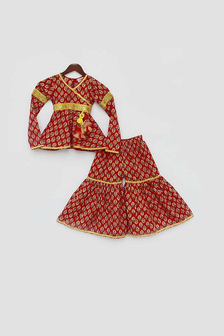 Red Printed Sharara Set For Girls by Fayon Kids at Pernia's Pop Up Shop