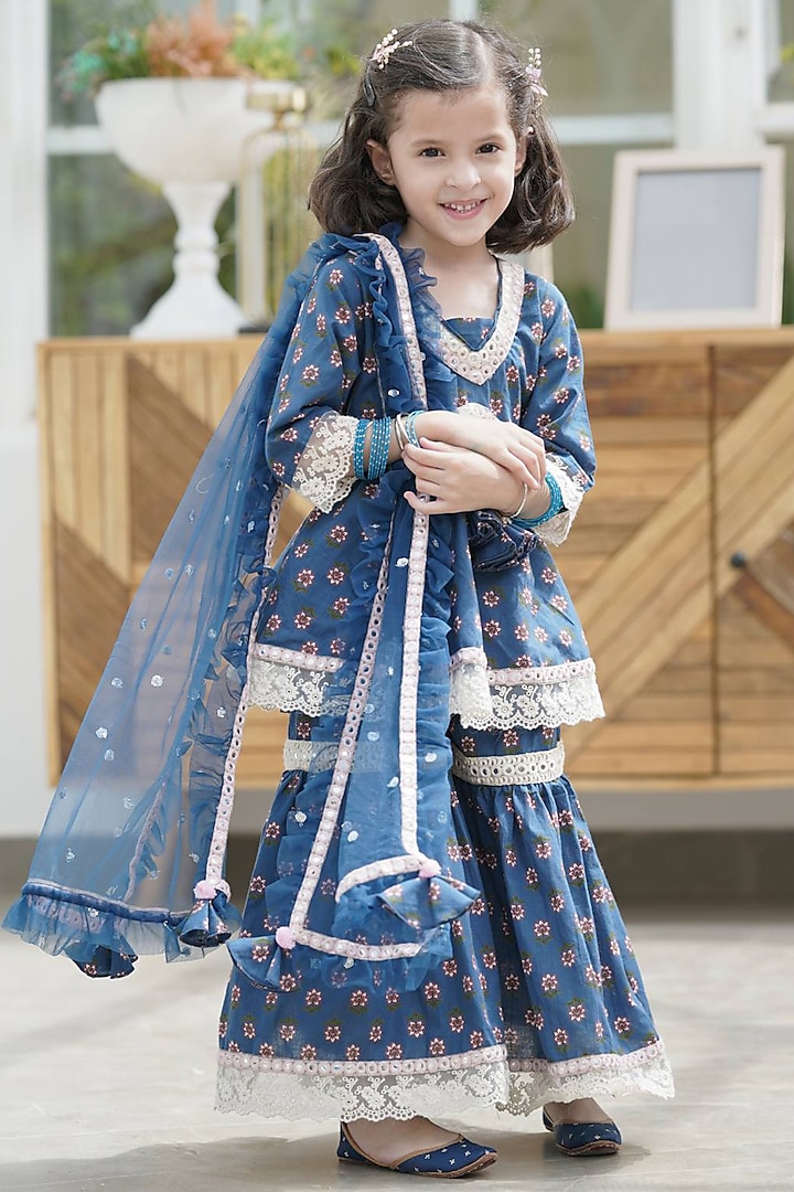 Blue Printed Sharara Set For Girls by Fayon Kids