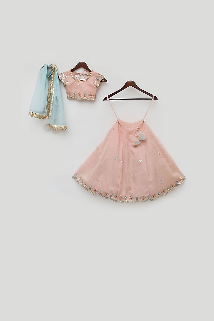 Peach Organza Embroidered Lehenga Set For Girls by Fayon Kids at Pernia's Pop Up Shop
