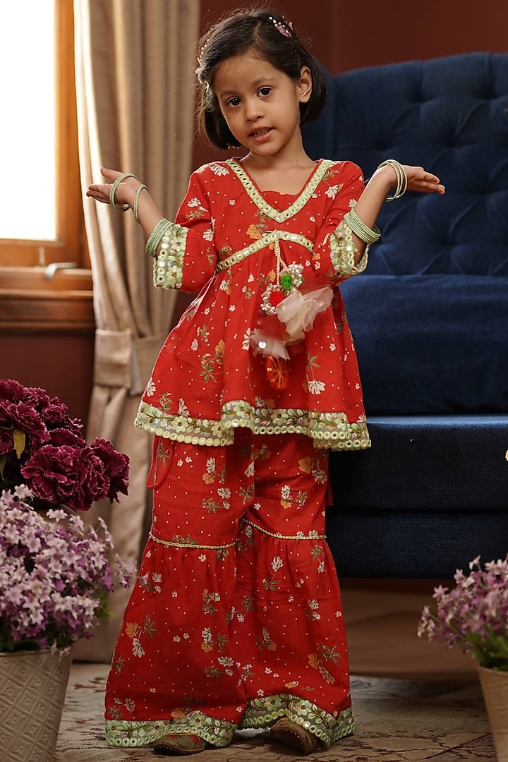 Red Embroidered Sharara Set For Girls by Fayon Kids