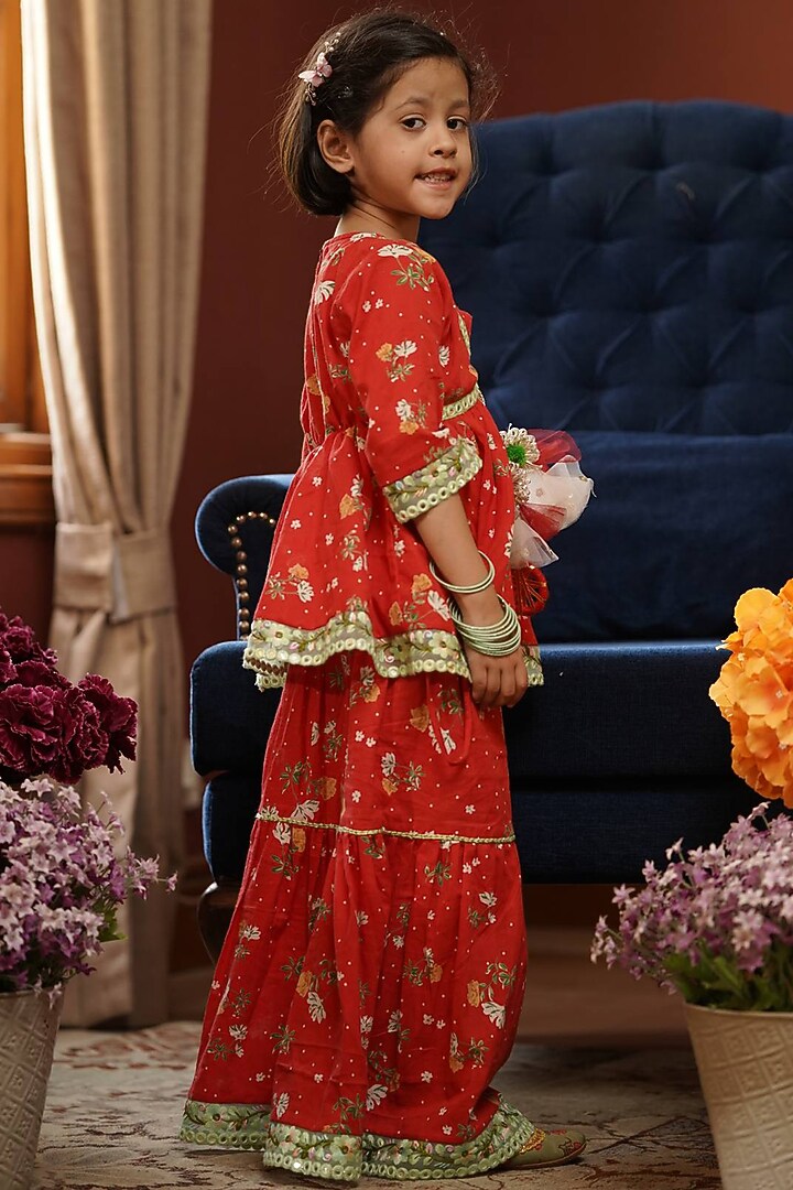 Red Embroidered Sharara Set For Girls by Fayon Kids at Pernia's Pop Up Shop