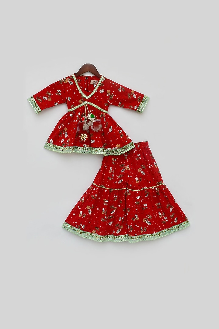 Red Embroidered Sharara Set For Girls by Fayon Kids at Pernia's Pop Up Shop