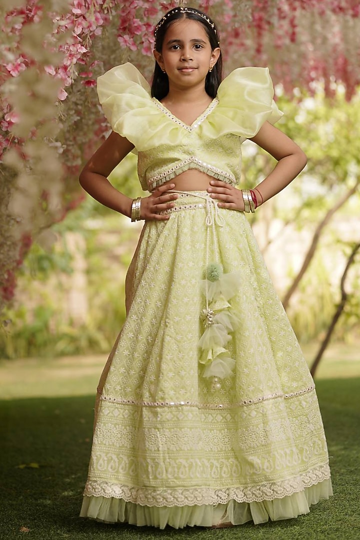 Green Cotton Embroidered Lehenga Set For Girls by Fayon Kids at Pernia's Pop Up Shop