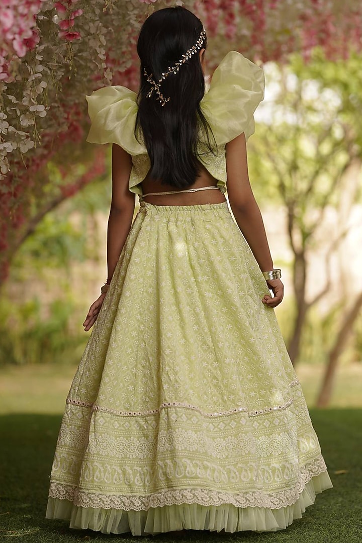 Green Cotton Embroidered Lehenga Set For Girls by Fayon Kids at Pernia's Pop Up Shop