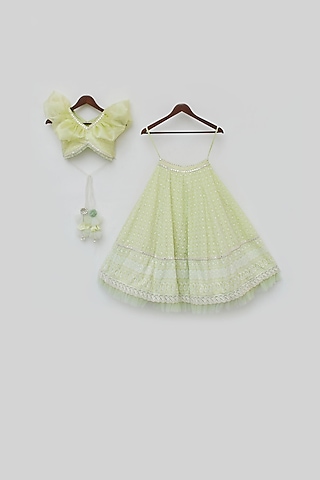 Green Cotton Embroidered Lehenga Set For Girls by Fayon Kids