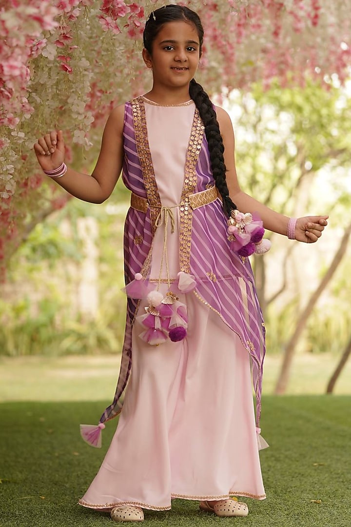Pink & Purple Crepe Draped Kurta Set For Girls by Fayon Kids at Pernia's Pop Up Shop