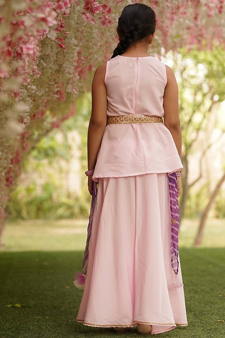 Pink & Purple Crepe Draped Kurta Set For Girls by Fayon Kids at Pernia's Pop Up Shop