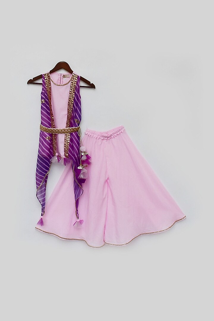 Pink & Purple Crepe Draped Kurta Set For Girls by Fayon Kids at Pernia's Pop Up Shop