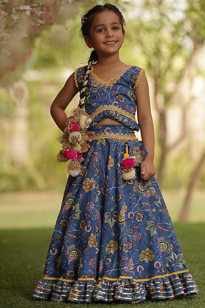 Blue Cotton Printed & Gota Work Lehenga Set For Girls by Fayon Kids at Pernia's Pop Up Shop
