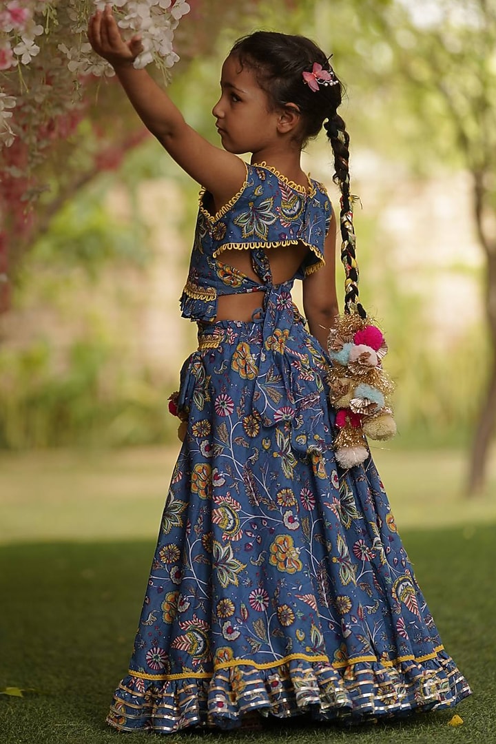 Blue Cotton Printed & Gota Work Lehenga Set For Girls by Fayon Kids at Pernia's Pop Up Shop